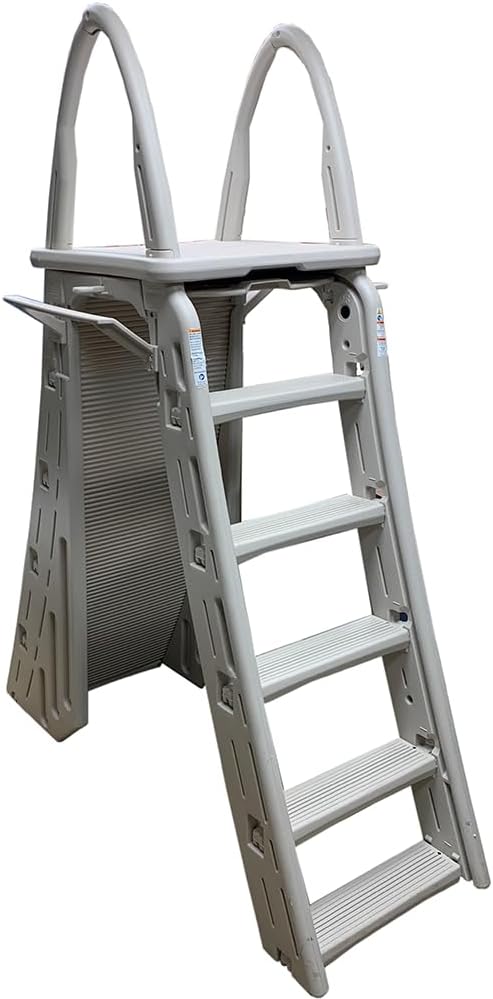 Confer Plastics 7200 Roll Guard 48" to 56" Adjustable A Frame Safety Ladder for Above Ground Outdoor Patio Swimming Pool Platform Ladder with Step...