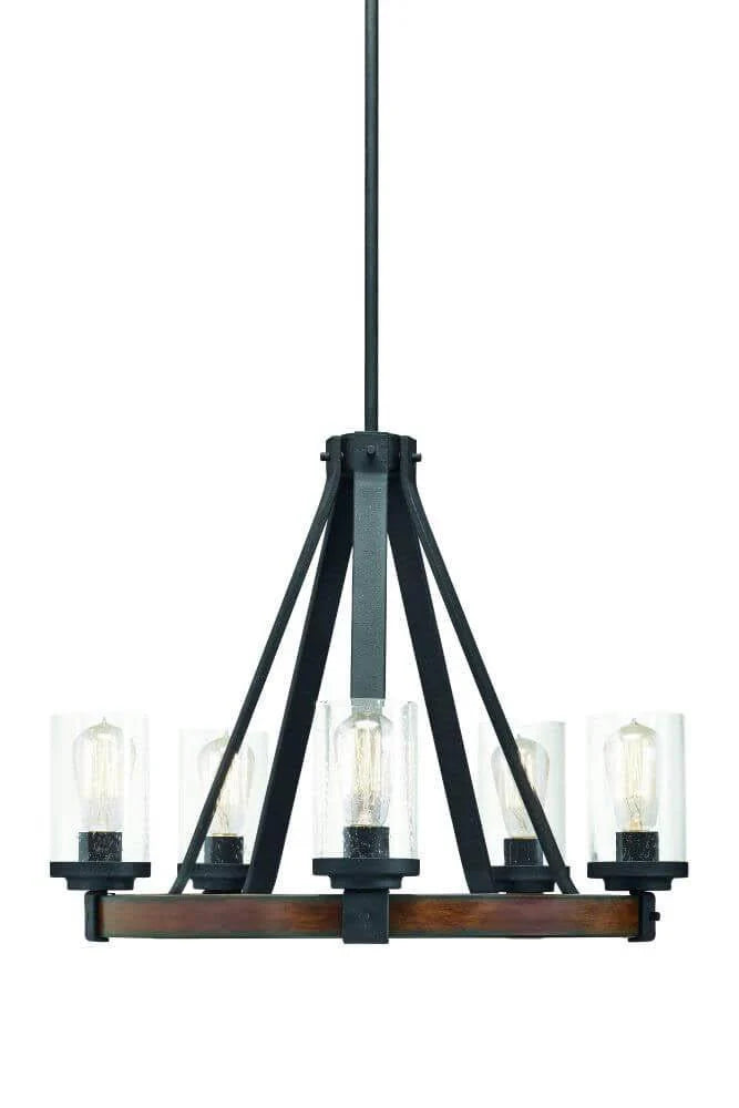 df9b072da43d5c25827f5eb15832a50a65c31fad341b36c7f84f03a37b83c8b3 5-Light Distressed Black and Wood Tone Rustic Clear Glass Candle Chandelier