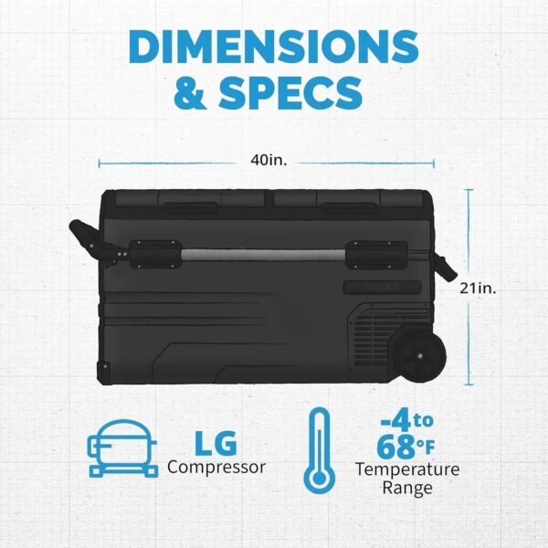 48 Qt. Portable 12v Electric Cooler with LG Compressor, Fridge and Freezer, Rugged Wheels, and Solar Power Input, Perfect Plug-In Cooler for...