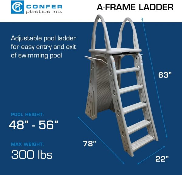 Confer Plastics 7200 Roll Guard 48" to 56" Adjustable A Frame Safety Ladder for Above Ground Outdoor Patio Swimming Pool Platform Ladder with Step...