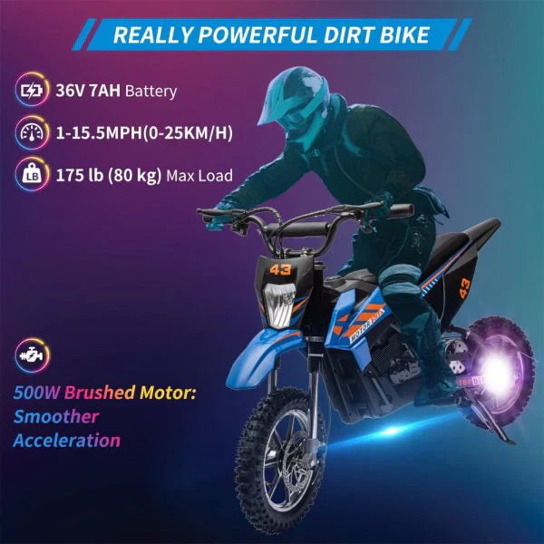 36V Kids Electric Dirt Bike, 36V, 350W, 15.5MPH, LED, 175lbs Max Blue