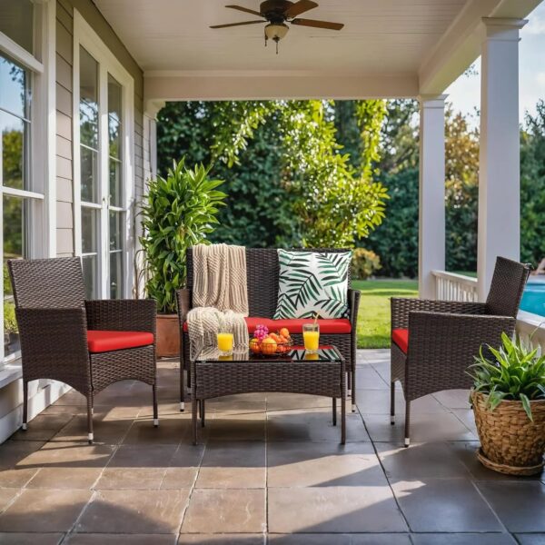 4 Pieces Patio Rattan Chair Wicker, Outdoor Indoor Use Backyard Porch Garden Poolside Balcony Furniture Sets (Red)