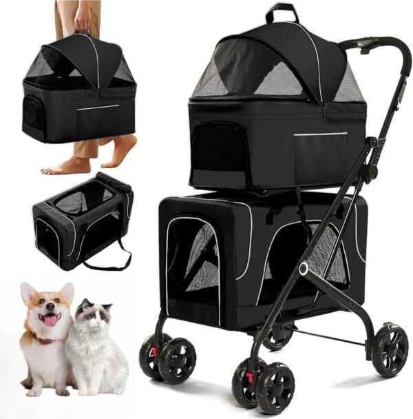 Double Dog Stroller for 2 Dogs, Detachable Carriers, Safety Belt, Lockable Wheels, Pet Travel Carrier Strolling Cart, Folding Cat Stroller for...