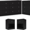 3-Pc Scandinavian Design Engineered Wood Bedroom Furniture Set with 3-Drawer Chest & 6-Drawer Double Dresser & 1-Drawer Nightstand, Pewter Plastic...