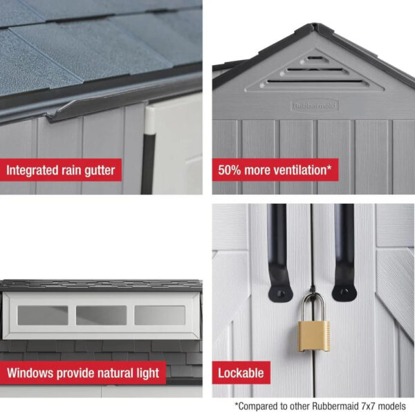 Rubbermaid Resin Outdoor Storage Shed With Floor (7 x 7 Ft) Weather Resistant Gray Organization for Home/Backyard/Garden Tools/Lawn Mower/Bike...