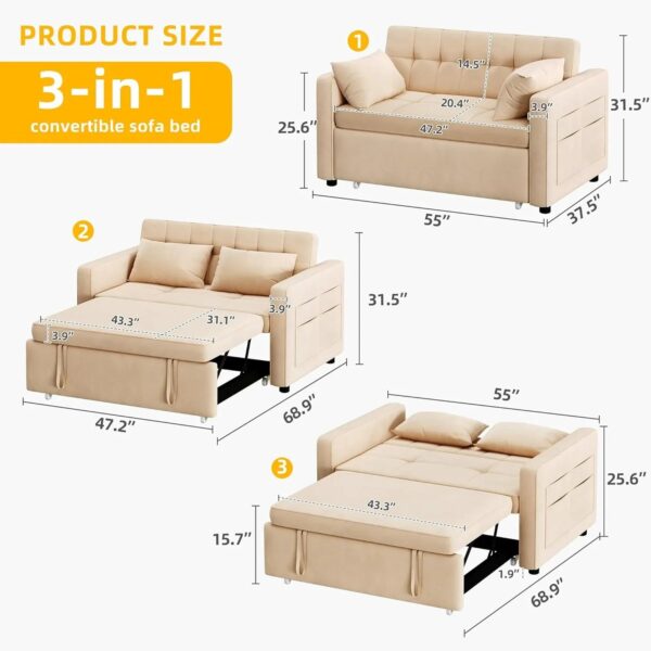DWVO 3-in-1 Convertible Sofa Bed, 55" Sleeper Sofa with Pull-Out Bed, Cat-Scratch-Proof Fabric Futon Couch with Adjustable Backrest and Side...