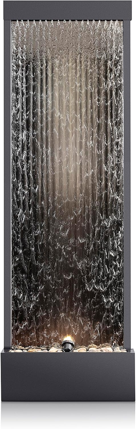 Alpine Mirror Waterfall Fountain with Stones & Lights, 72", Indoor/Outdoor Zen Decor