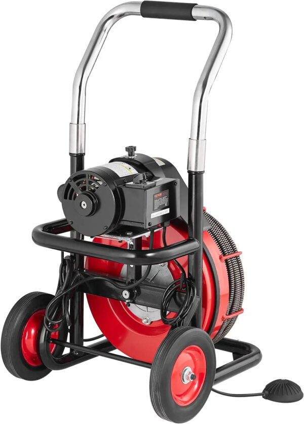 Drain Cleaner Machine 100FT x 1/2 Inch, Auto Feed Sewer Snake Auger on Wheels, 550W Portable Drain Cleaning Machine with 8 Cutters & Air-activated...
