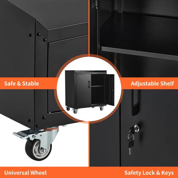 Garage Storage Cabinet with Wheels, 2 Door Tool Cabinet with Adjustable Shelves, Metal Lockable Tool Cabinet, Rolling Tool Chest for Home, 34 H x...