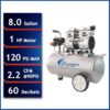 Air Tools 8010 Ultra Quiet Oil-Free Air Compressor, 1.0 HP, 8 Gallon, 120 PSI, 60 dB Noise Level