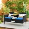 Flamaker Outdoor Furniture Patio Loveseat Wicker 2-Seat with Built-in Table and Cushions Rattan Porch Chairs Bench for Balcony, Lawn, Backyard (Beige)