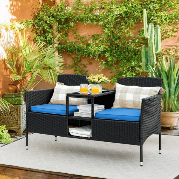 Flamaker Outdoor Furniture Patio Loveseat Wicker 2-Seat with Built-in Table and Cushions Rattan Porch Chairs Bench for Balcony, Lawn, Backyard (Beige)