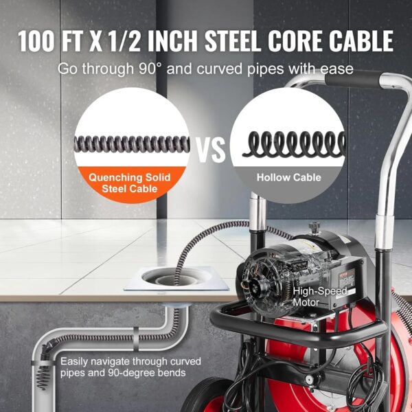 Drain Cleaner Machine 100FT x 1/2 Inch, Auto Feed Sewer Snake Auger on Wheels, 550W Portable Drain Cleaning Machine with 8 Cutters & Air-activated...