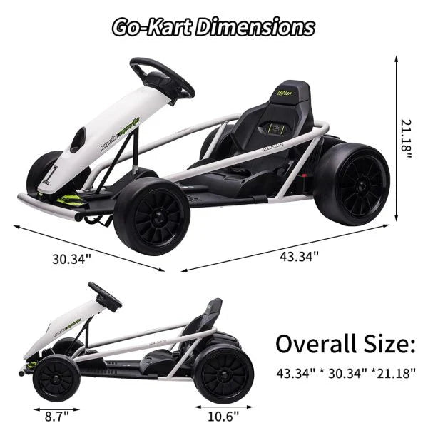 24V Go Kart for Kids 8-12, 300W*2 Motors, 9Ah Battery, 8MPH Speed, Music, Horn, 175lbs Max Load White