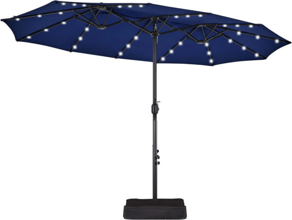 15 ft Large Patio Umbrella with Solar Lights Double-Sided Outdoor Rectangle Market Umbrellas with 36 LED Lights/Base Included/Easy Crank for Patio...