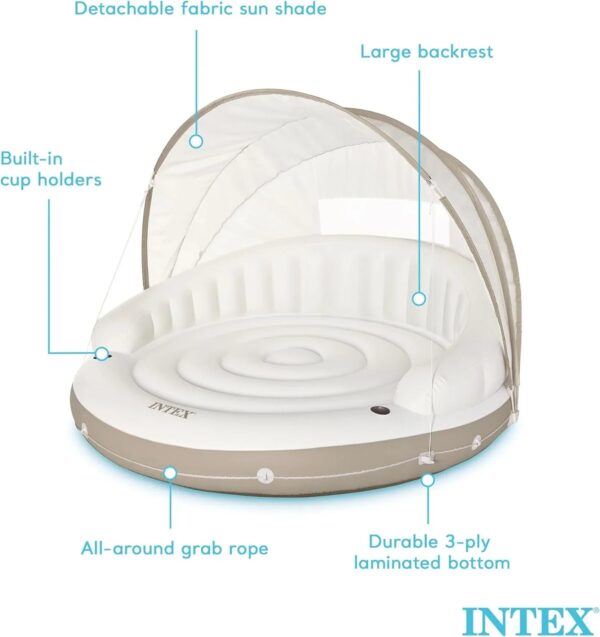 58292EP Canopy Island Inflatable Pool Float: Comfortable Lounge Surface Built-in Cup Holders Detachable Sunshade 440lb Max Weight Capacity 78.5" x 59"