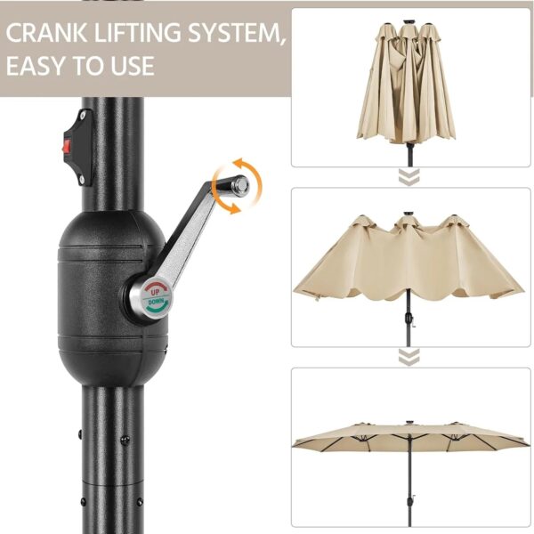 15 ft Large Patio Umbrella with Solar Lights Double-Sided Outdoor Rectangle Market Umbrellas with 36 LED Lights/Base Included/Easy Crank for Patio...