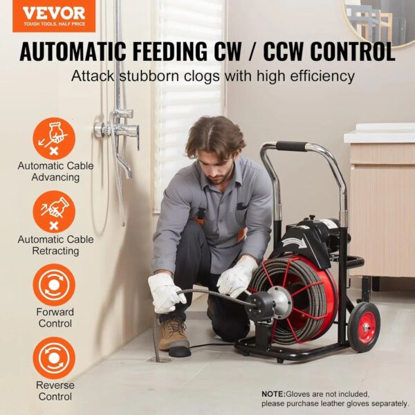 Drain Cleaner Machine 100FT x 1/2 Inch, Auto Feed Sewer Snake Auger on Wheels, 550W Portable Drain Cleaning Machine with 8 Cutters & Air-activated...