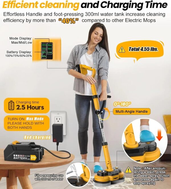 6000mAh Battery Electric Mop M1, 800RPM Cordless Electric Power Scrubber & Mops for Floor Cleaning, Best Automatic Spin Mops with Smart...