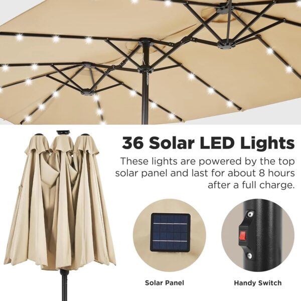 15 ft Large Patio Umbrella with Solar Lights Double-Sided Outdoor Rectangle Market Umbrellas with 36 LED Lights/Base Included/Easy Crank for Patio...