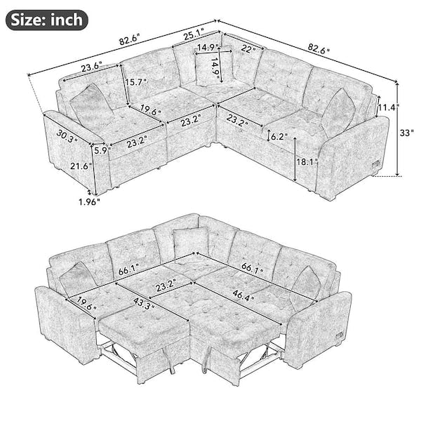 82.6 in. L Shaped Corded Velveteen Modern Sectional Sofa Pull-out Sleeper Sofa in. Brown with USB Ports, Power Sockets
