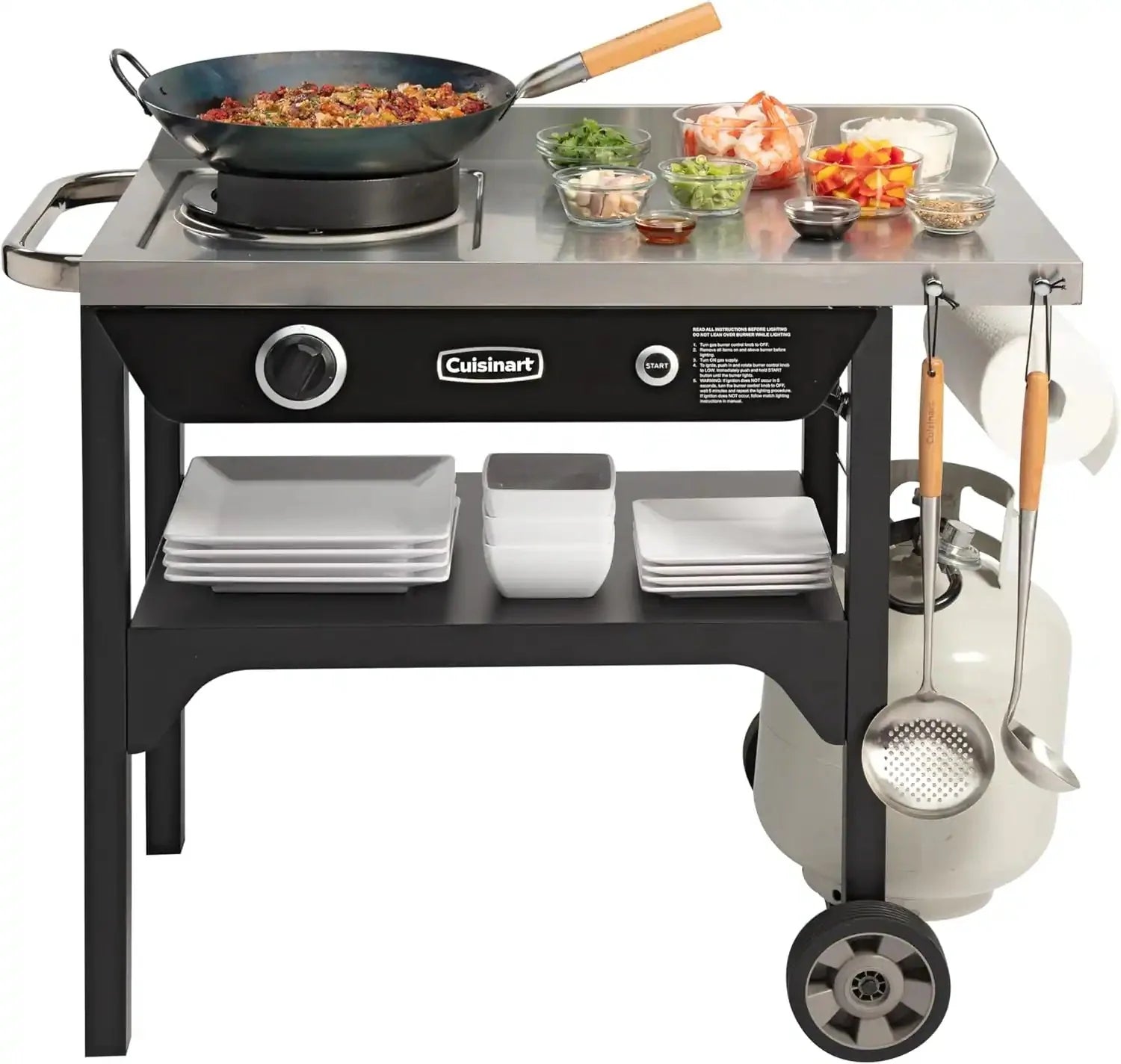 ef4afde584f19a06dfd0afc43af3f275de92bfc9fab6088c9fe6ded831e958de Cuisinart Outdoor Wok Station, 50,000 BTU Propane Outdoor Wok Burner w Prep Table, 14 Carbon Steel Wok for Stir Fry, Searing, BBQ Black