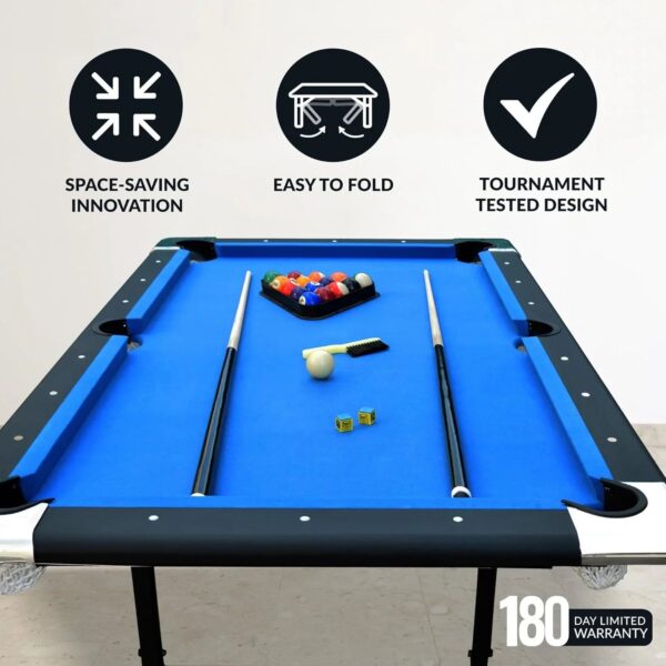 6 Ft Portable Pool Table, Adults Folding Billiards Tables for Game Room with Easy Foldable Storage, Includes Full Set of Billiard Balls, Cues,...