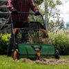 Push-type lawn sweeper, with a sweeping width of 26 inches and a dust collection bag capacity of 3.6 gallons.