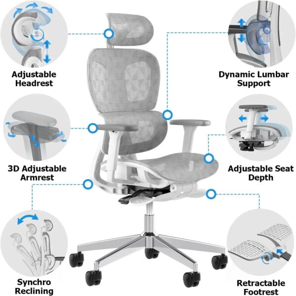 Ergo3D Ergonomic Office Chair High Back Mesh Desk Chair with 3D Adjustable Armrests, Wheels, for Home and Office (Black)