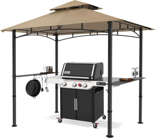 Bar pavilion-style outdoor barbecue shelter 8 feet by 5 feet, double-layer outdoor barbecue shelter canopy with LED lights (gray)