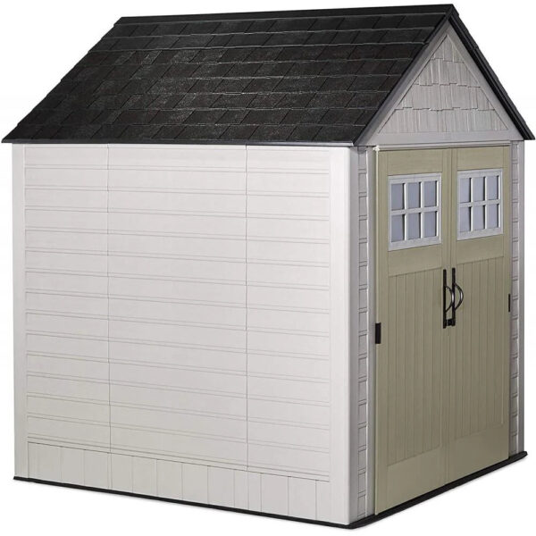 Rubbermaid 7 7 Ft Durable Weather Resistant Resin Outdoor Garden Storage Shed with Windows and Utility Hooks, Sand