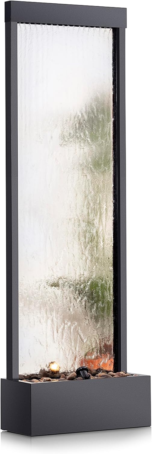 Alpine Mirror Waterfall Fountain with Stones & Lights, 72", Indoor/Outdoor Zen Decor