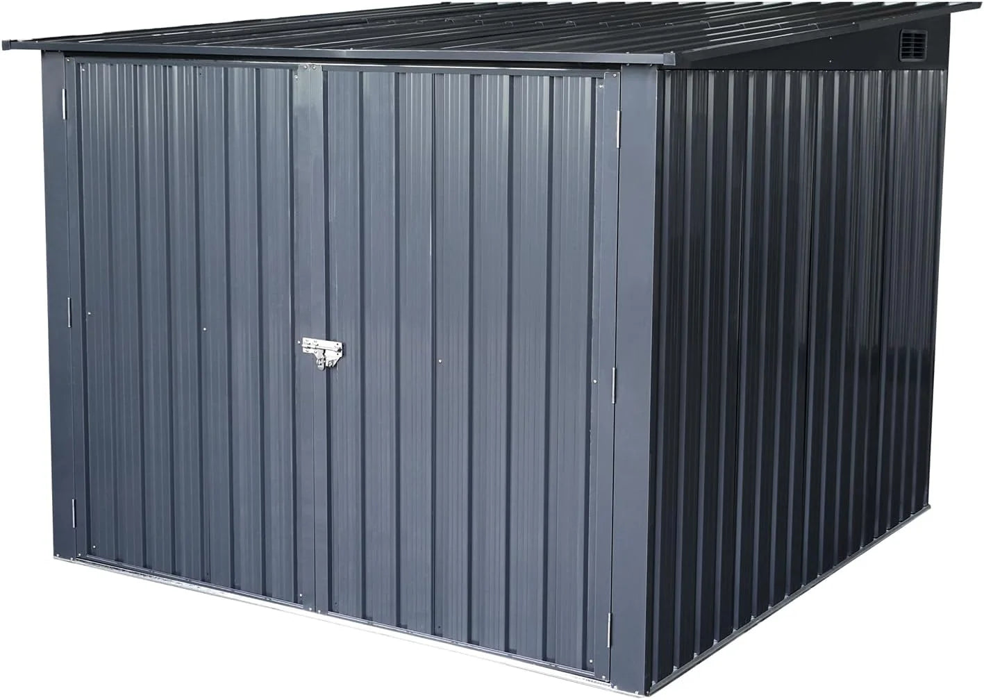 f62e67be98c3b792587ccadedfd89349034ed3b38b18e3bf34e77f7c7ca2a629-1 5-foot outdoor steel bicycle storage shed with a sloping roof and 4 bicycle tracks. Bicycle storage shed, black version.