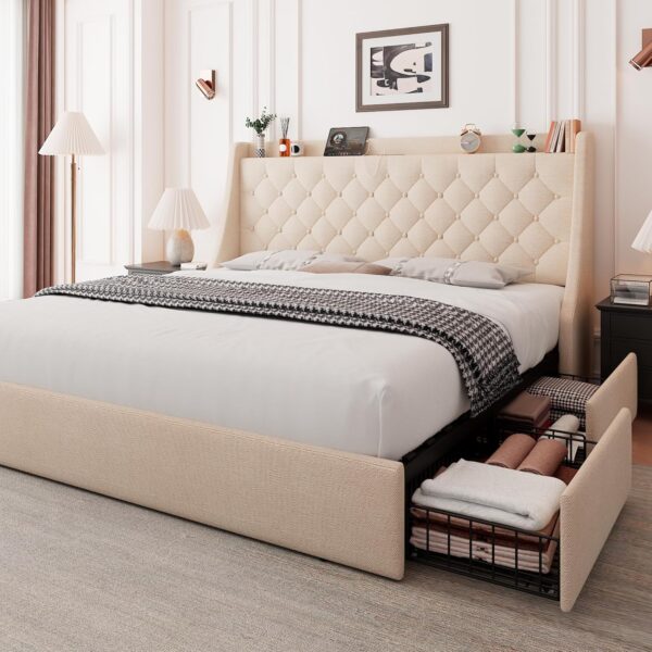 A super-large bed frame with storage drawers, equipped with a charging station and a fringed wing-style storage headboard. No need for a spring...