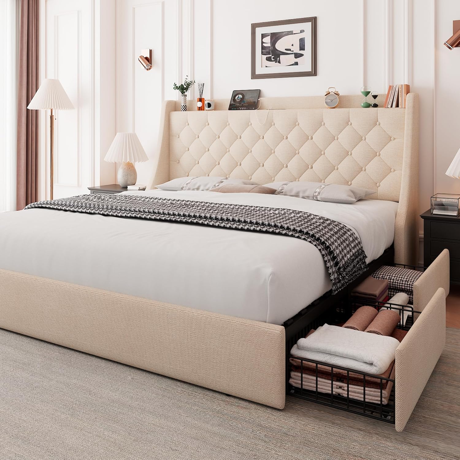 f6b22d77f4dc41946d234f447c53796ee2996bdc309b49a50eb53da141aa334b A super-large bed frame with storage drawers, equipped with a charging station and a fringed wing-style storage headboard. No need for a spring...