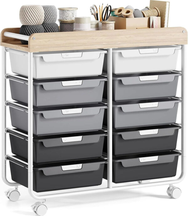 Rolling Storage Cart with 10 Large Drawers, Utility Cart with Wooden TableTop for Craft Organizers, Art Supply Storage, Home Office Organization,...