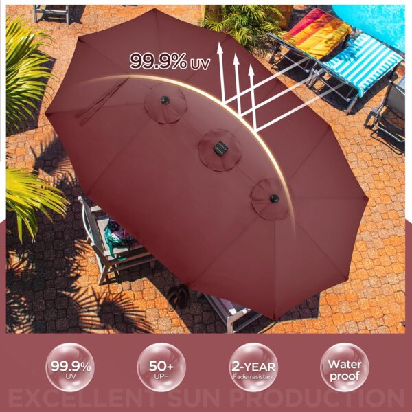 15 ft Large Patio Umbrella with Solar Lights Double-Sided Outdoor Rectangle Market Umbrellas with 36 LED Lights/Base Included/Easy Crank for Patio...
