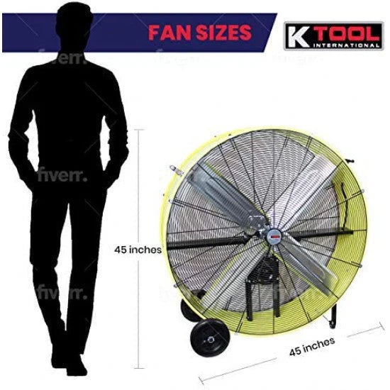 K Tool International 42 Belt Drive Drum Fan; Industrial, Garage, Shop, High Speed 2-Speed, Durable, Cut-Off Protection, Easy Mobility Rubber...