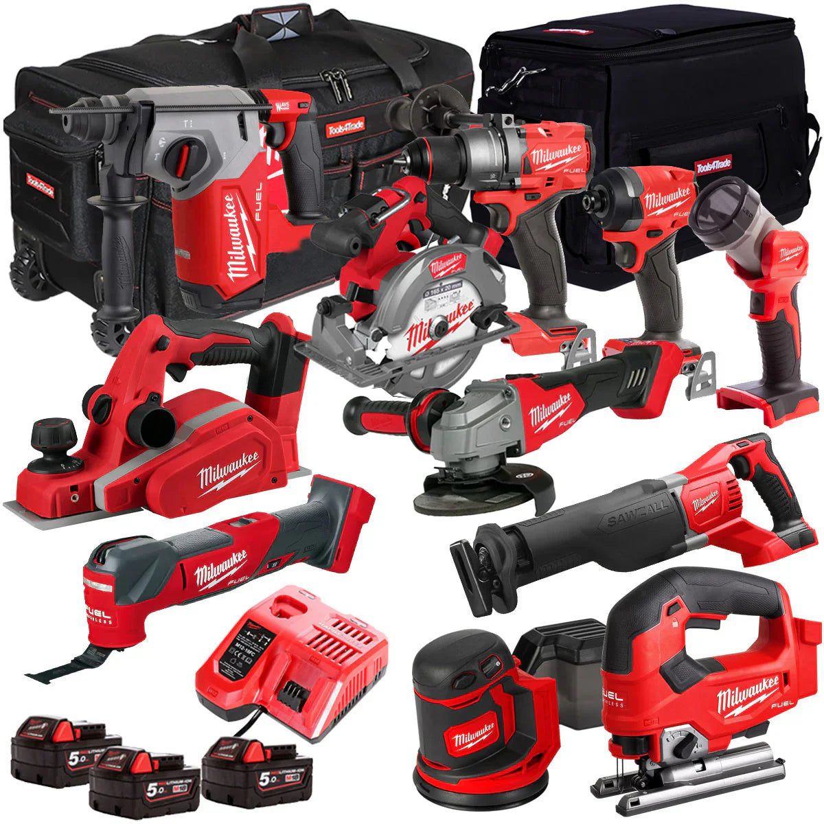 fd0e35c63896efe7e82e5de9bcf052a4143512b53236e1071e2c3fd87410ae41 Milwaukee 18V Cordless 11 Piece Tool Kit with 3 x 5.0Ah Batteries & Charger in Bag T4TM-9