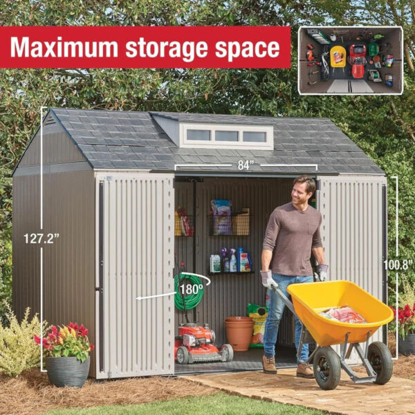 Rubbermaid Resin Outdoor Storage Shed With Floor (7 x 7 Ft) Weather Resistant Gray Organization for Home/Backyard/Garden Tools/Lawn Mower/Bike...