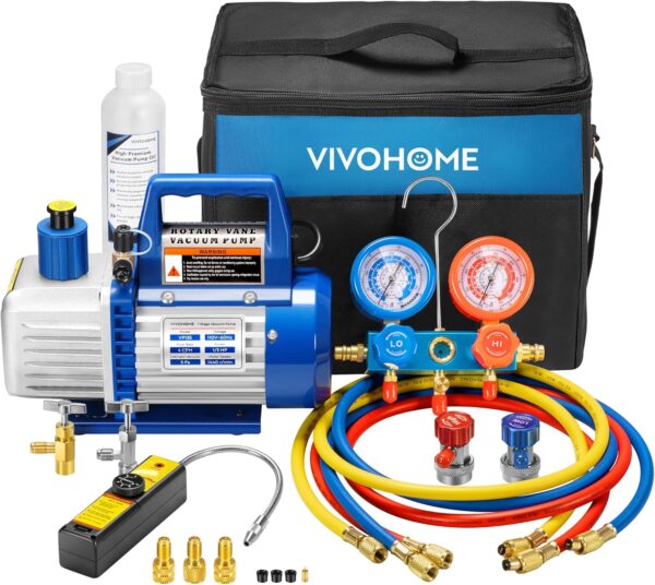 A single-stage rotary vane air vacuum pump with 110V, 1/3 horsepower and 4 cubic feet per minute, as well as an R134a AC manifold pressure gauge...